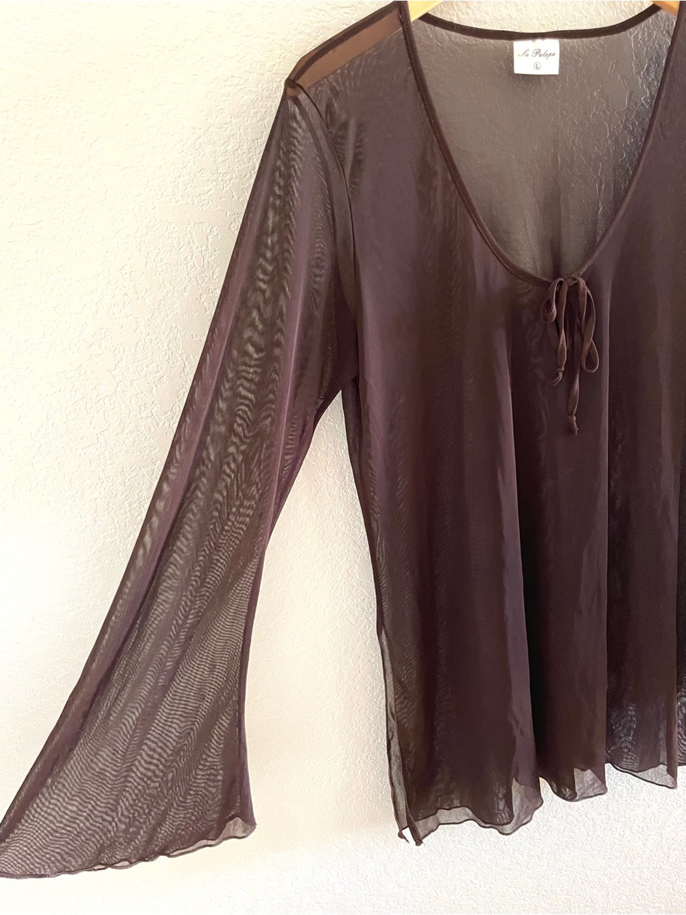 Vintage 90s Y2K Chocolate Brown Sheer Mesh Tie-Neck Long-Sleeve Top Sz L - Picture 3 of 10